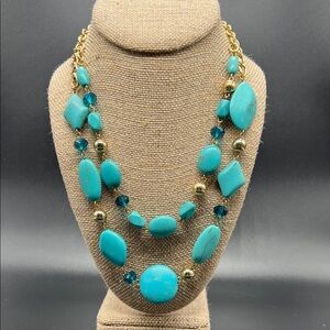 Howard’s Turquoise Look Layered Statement Necklace Gold Tone Blue Crystals 22-24